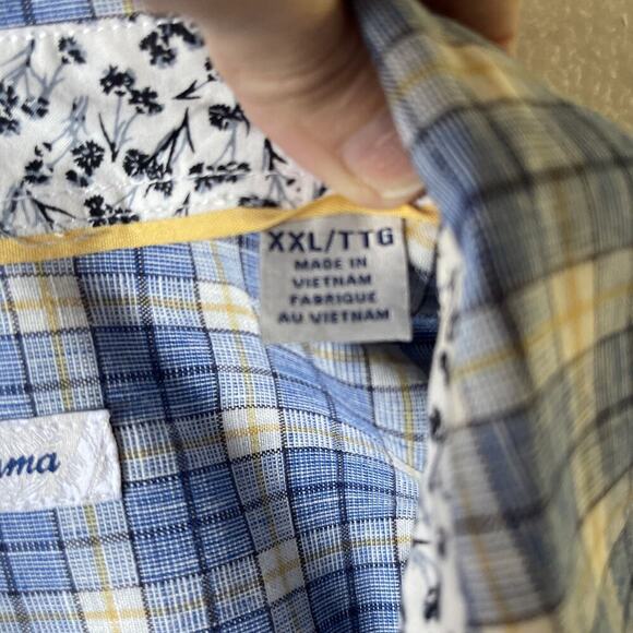 Tommy Bahama Dress Shirt Men 2XL/ TTG Blue Green Plaid Linen Cotton Button Up - Picture 4 of 6